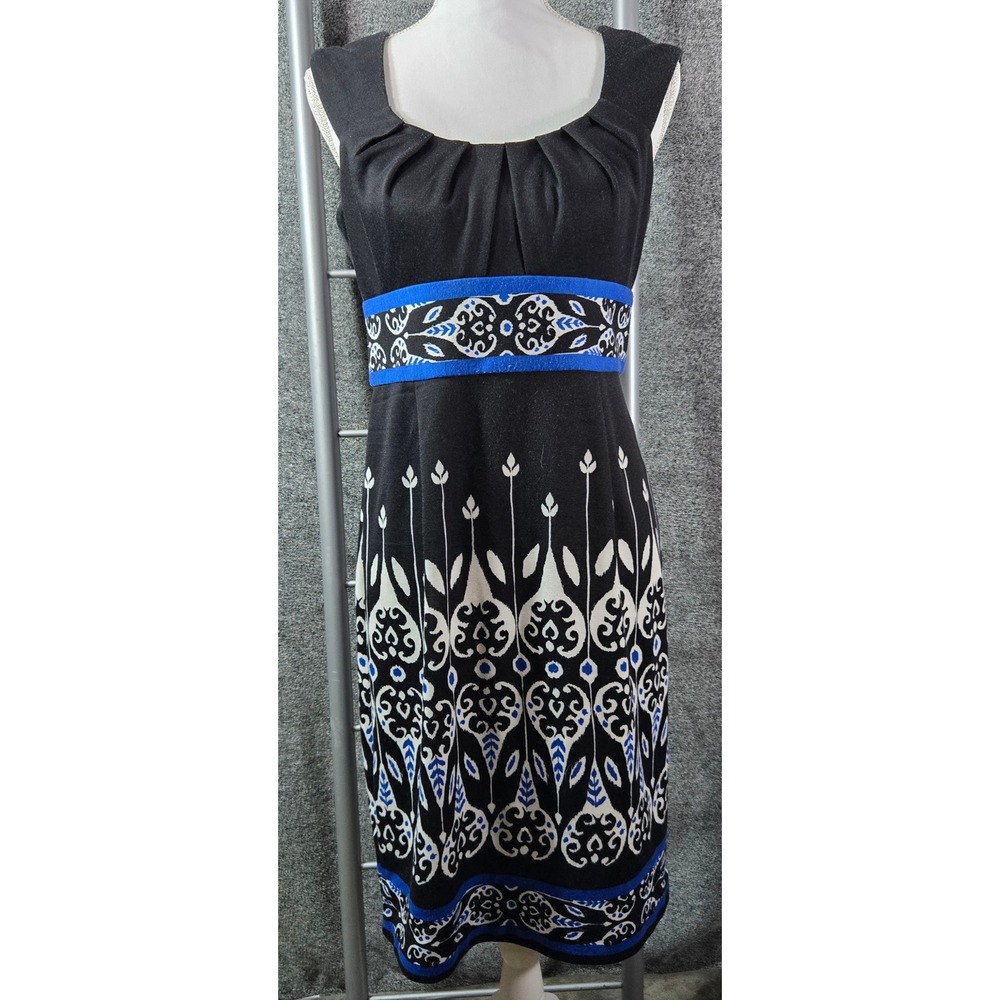 London Times Womens Black Blue Damask Sheath Dress 10 Empire Waist Sleeveless